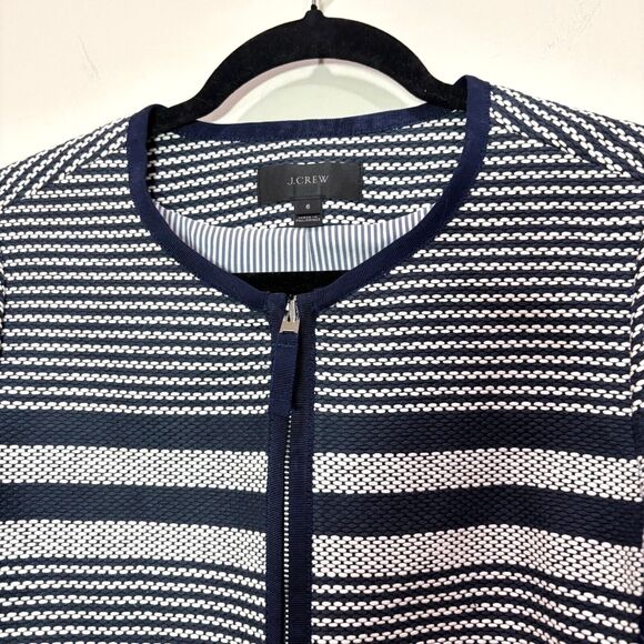 J Crew Striped Knit Jacket Women 6 Navy White Lady Cropped Zip Preppy Nautical - Picture 3 of 12